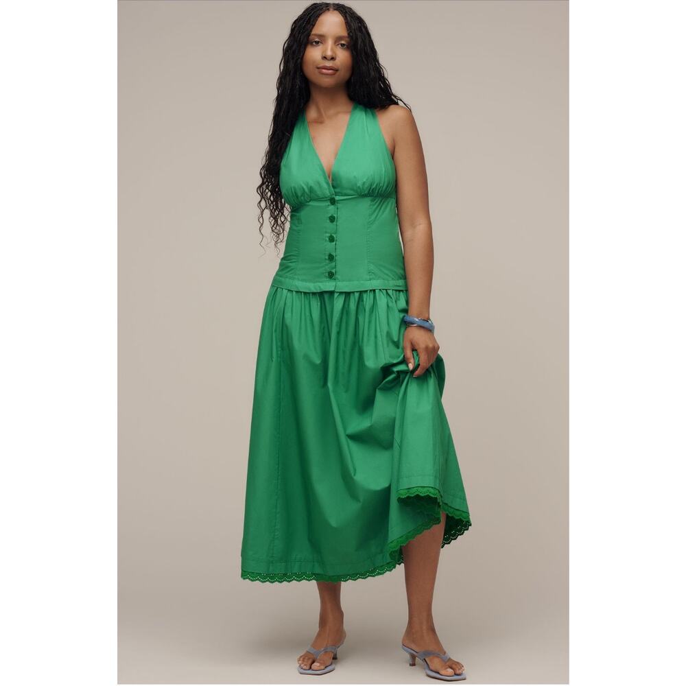 Anthropologie NWT Maeve Green Halter Drop-Waist Midi Dress Size M